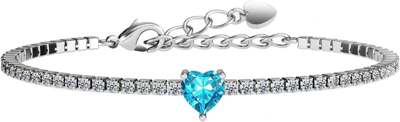 AllenCOCO Sterling Silver Heart Birthstone Bracelet, 14K White Gold Plated, AAAAA+ CZ Cubic Zirconia, Tennis Chain with Heart Charm, Hypoallergenic, Non-Tarnish Jewelry Gift for Women - Image 1